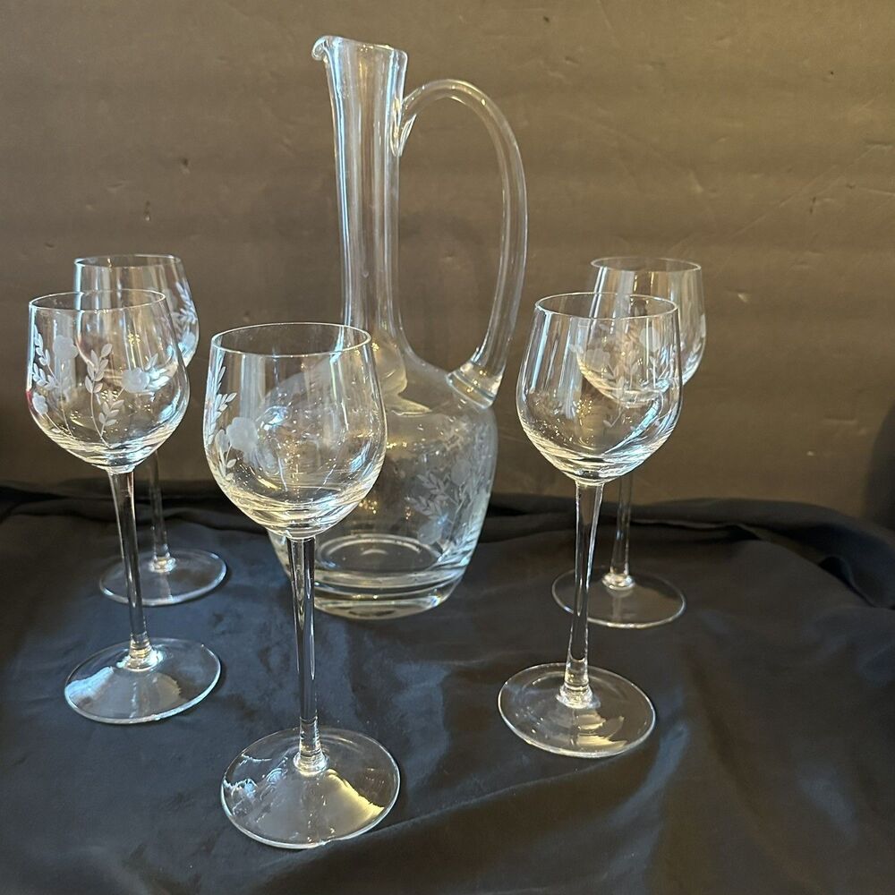 VNTG Toscany Romania Hand-Blown Etched Glass Decanter & 5 Wine Glasses